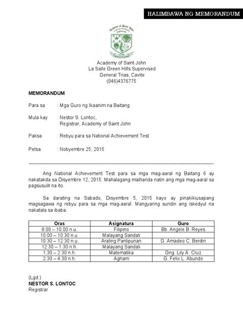 halimbawa ng memorandum|Memorandum, Adyenda, at Katitikan ng Pulong .